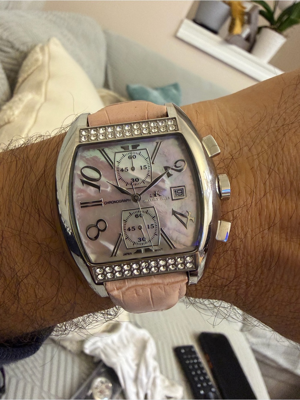 Adee Kaye Beverly Hills Sport Chronograph Pink MOP Swarovski Crystal Watch